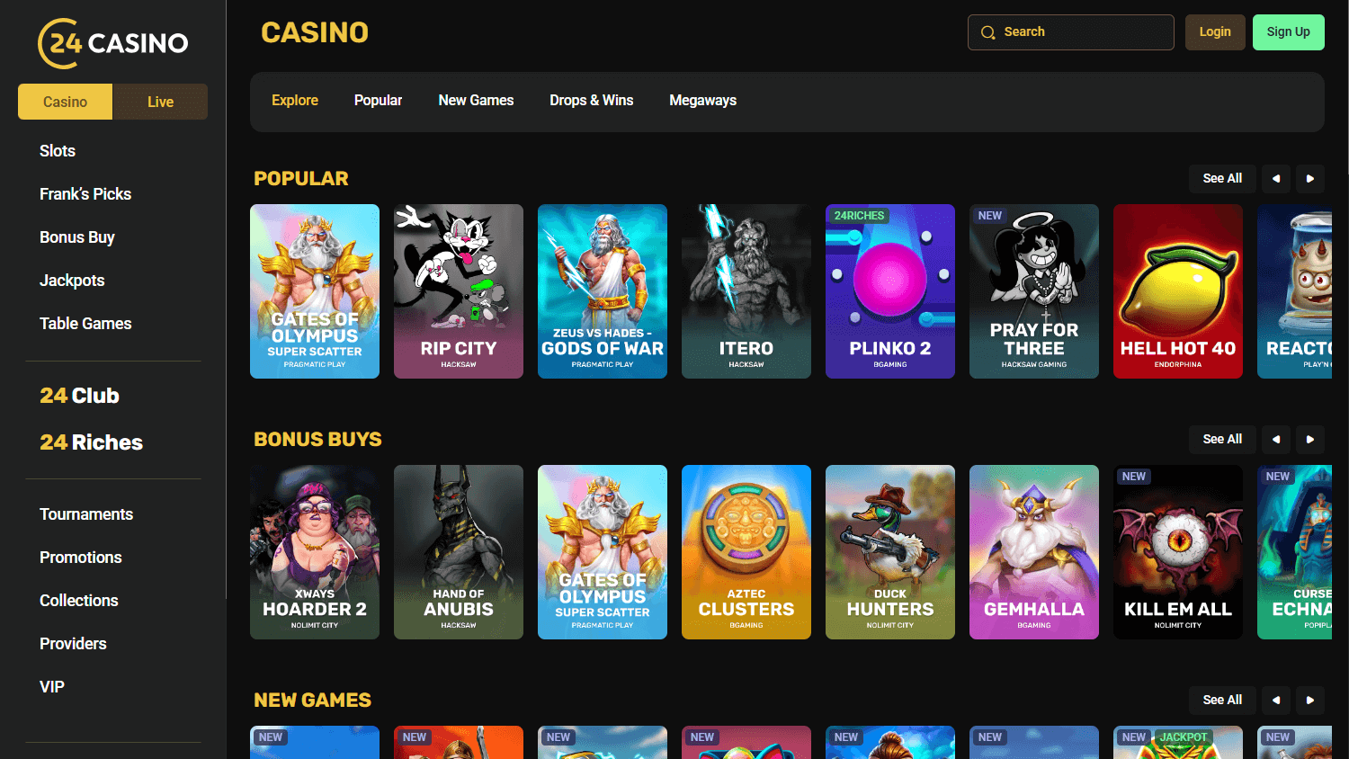 24Casino game gallery showing slots and live casino categories